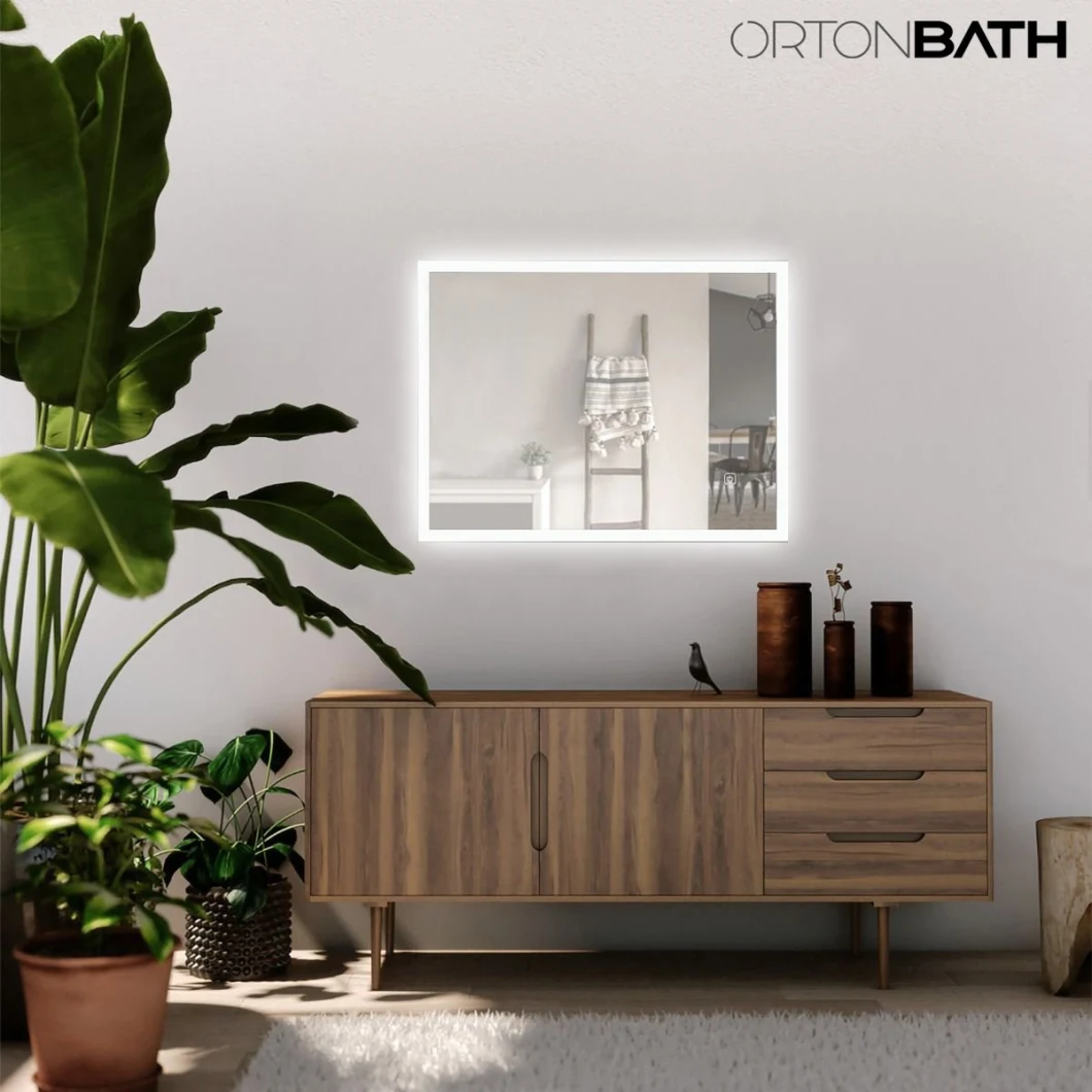 Ortonbath Black Framed Rectangular Full Length Floor Dressing Mirror LED Lights Touch Sensor Backlit Bathroom Bath Mirror with LED Smart Bath Makeup Mirror